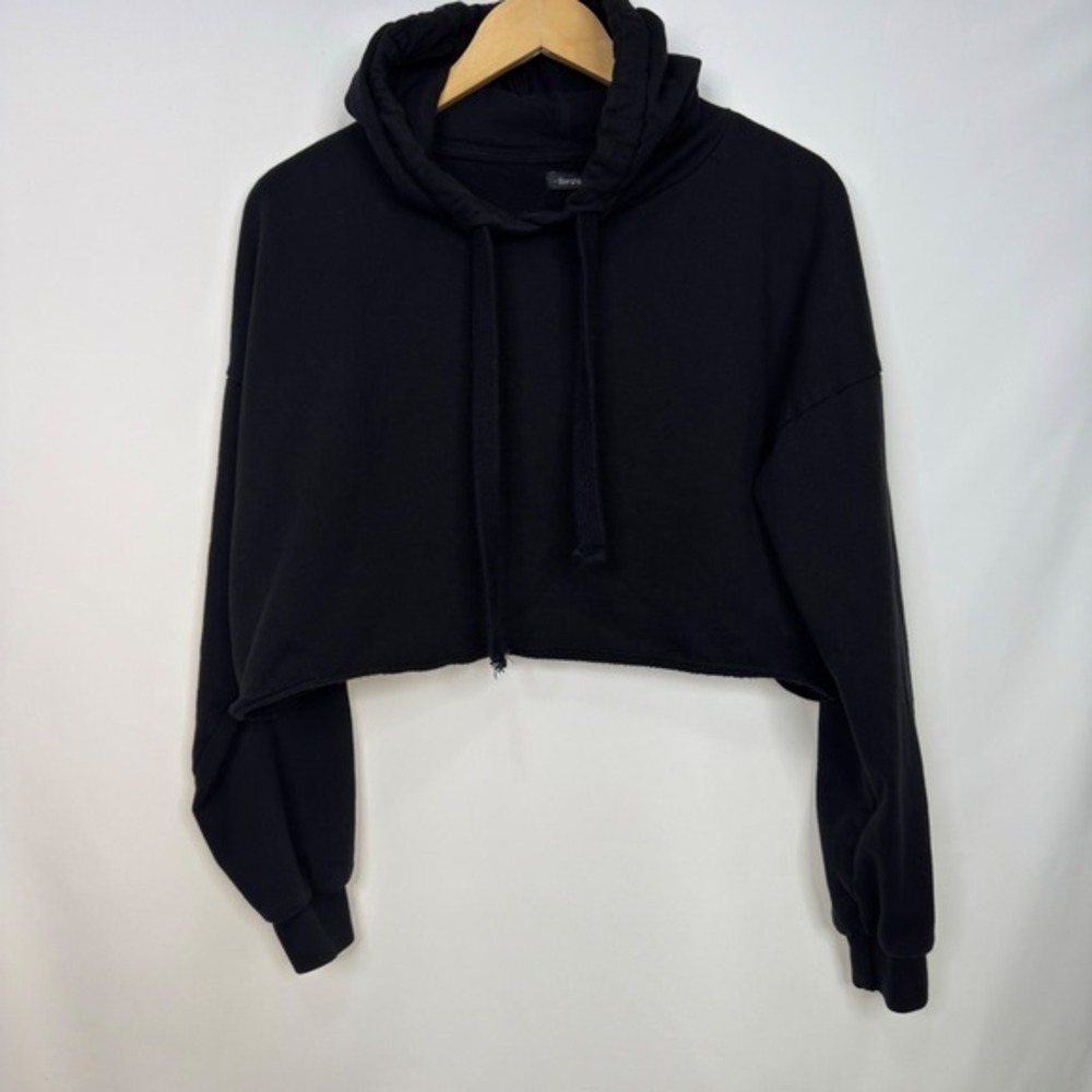 Bershka Womens Black Cropped Hoodie Raw Hem Fleece Lined Sweatshirt Small - Picture 3 of 7